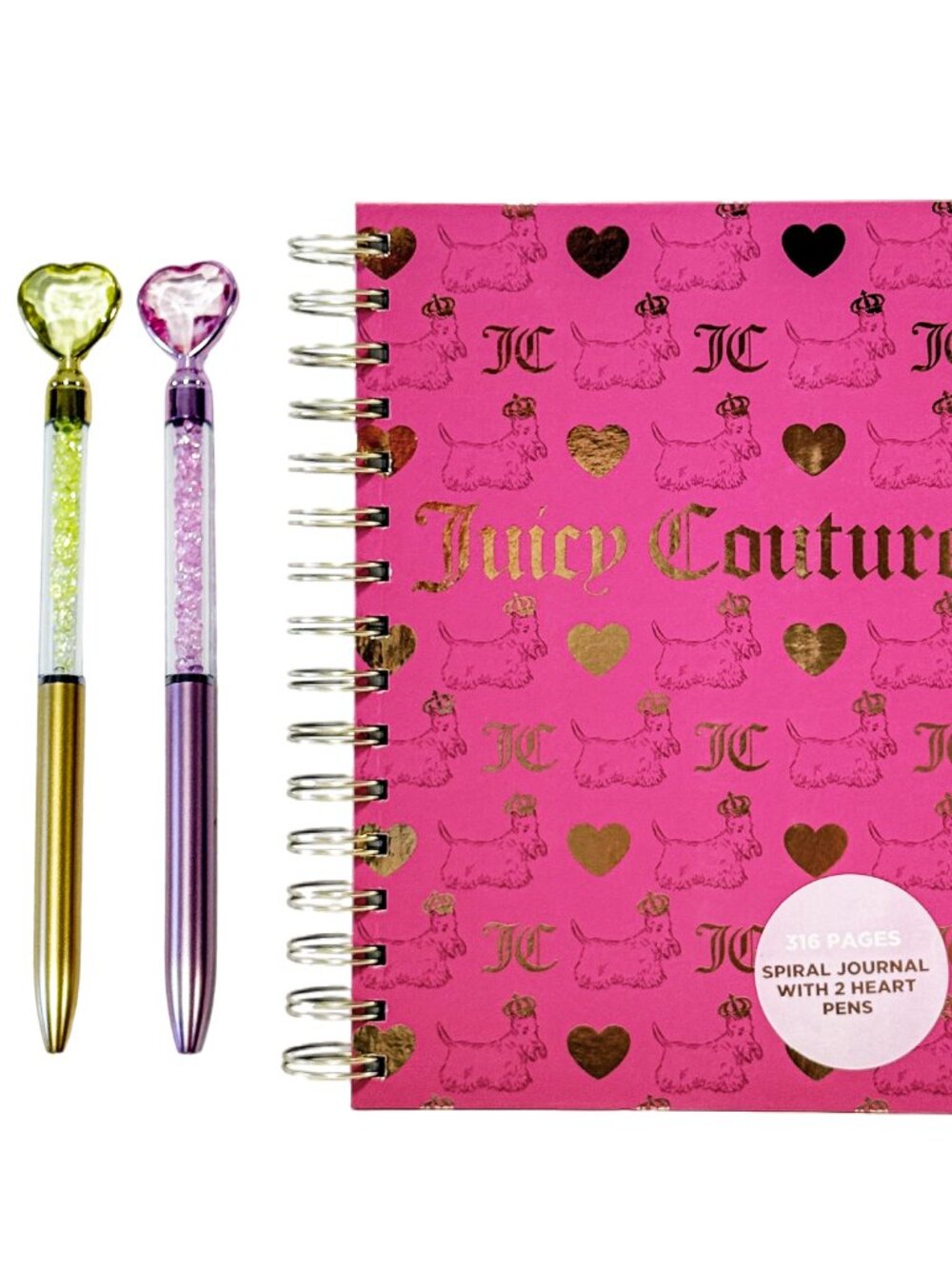 Juicy Couture Hot Pink Spiral Notebook/Journal with 2 Heart Pens